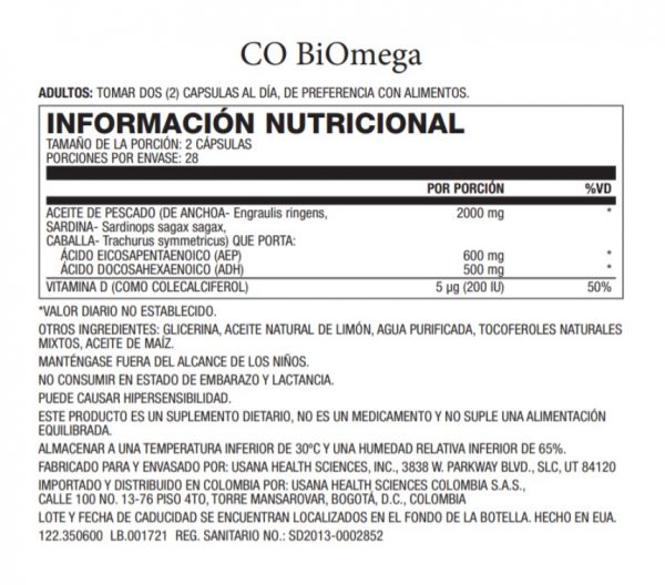 Tabla nutricional BioOmega Usana | Nutricionista Bogotá | Dahiana Castillo