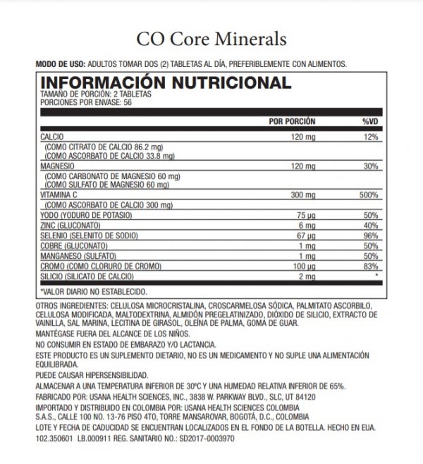 Tabla Nutricional CellSentials Core Minerals Usana | Nutricionista Bogotá | Dahiana Castillo